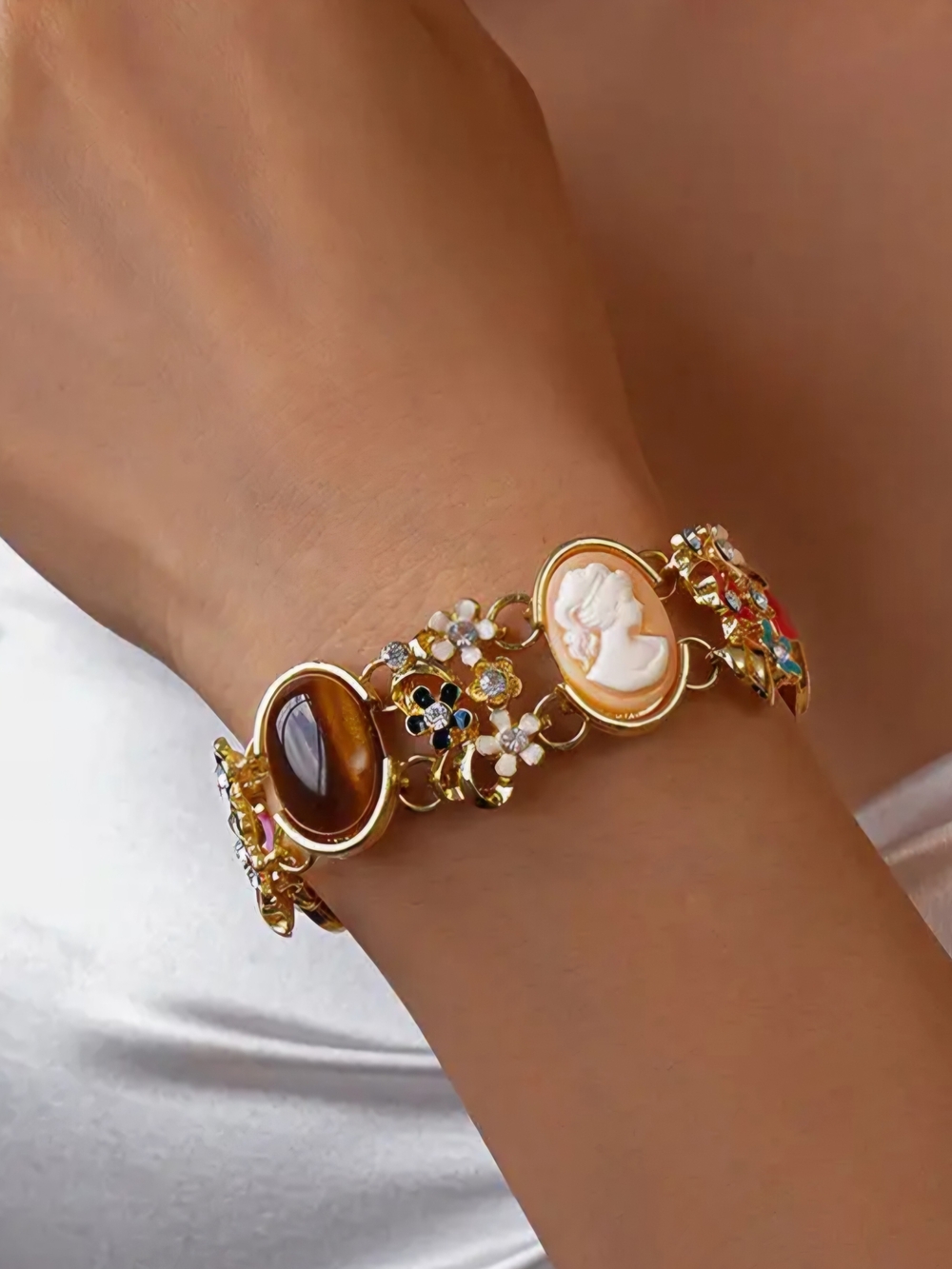 Exquisite Chunky Gold Multi Color Cameos & Gemstone Floral Statement Bracelet -